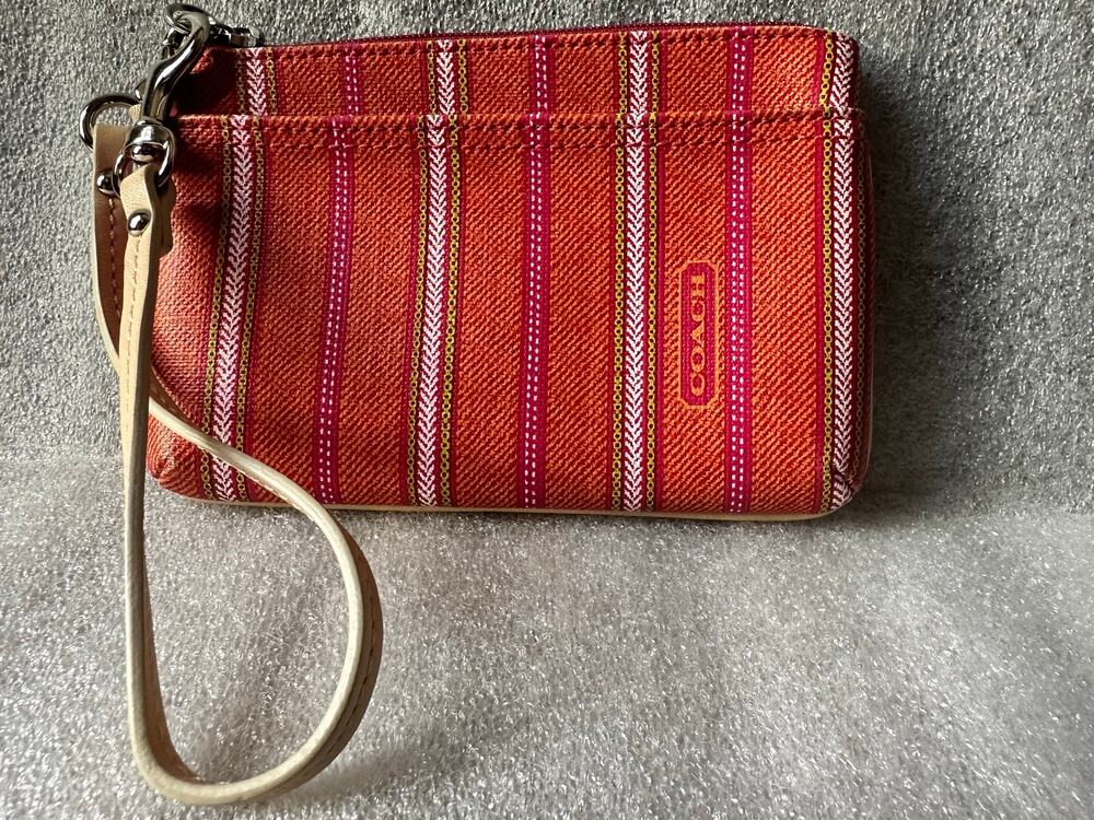 Coach Orange Pink Stripe Canvas Corner Zip Wristlet Pouch Wallet Y2K